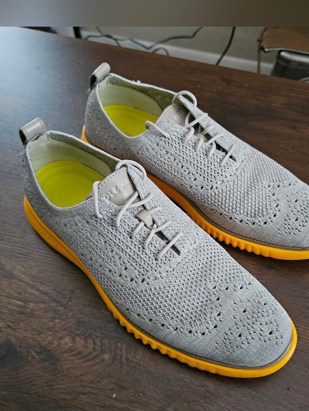 Cole Haan Light Grey Knit Wingtip Loafers with Orange Sole Size 11
